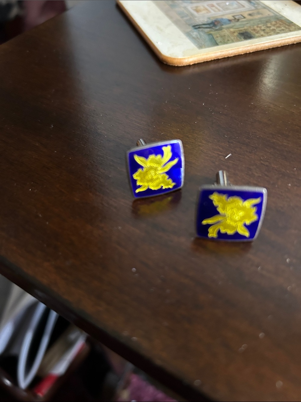 Silver.  Square Blue Enamel Cufflinks with Yellow Floral Emblem